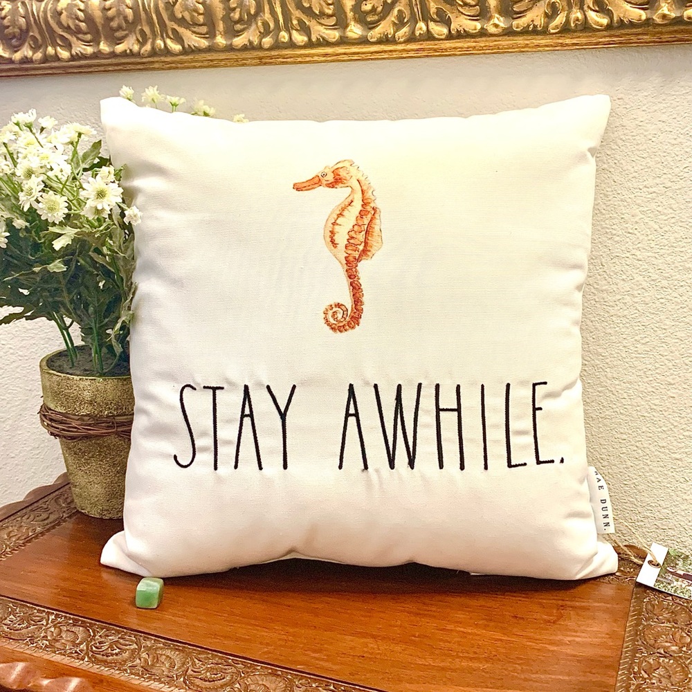 ♥️ NEW RAE DUNN "STAY AWHILE" LAKEHOUSE SQUARE THROW PILLOW WITH SEAHORSE VHTF